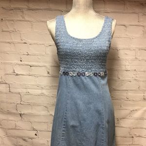 Vintage Jean dress smocked zip BOHO short sleeve  daisies Rick Rack sz M